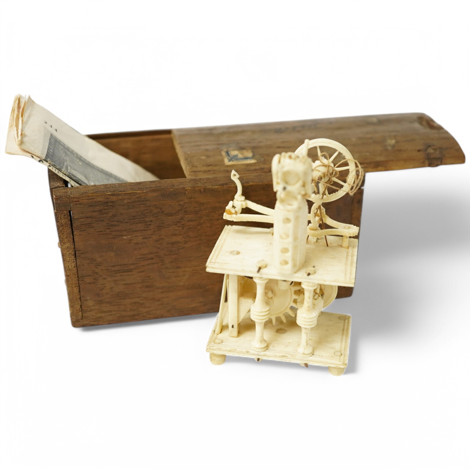 A 19th century prisoner of war carved bone Spinning Jenny, boxed. Condition - poor